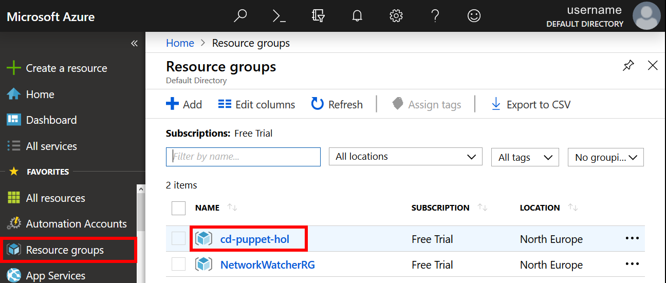 Screenshot of the Azure Portal menu. The Resource Groups blade and cd-puppet-hol Resource Group name are highlighted to illustrate how to access the Puppet resources deployed to the cd-puppet-hol Resource Group from the Resource Groups blade in Azure Portal
